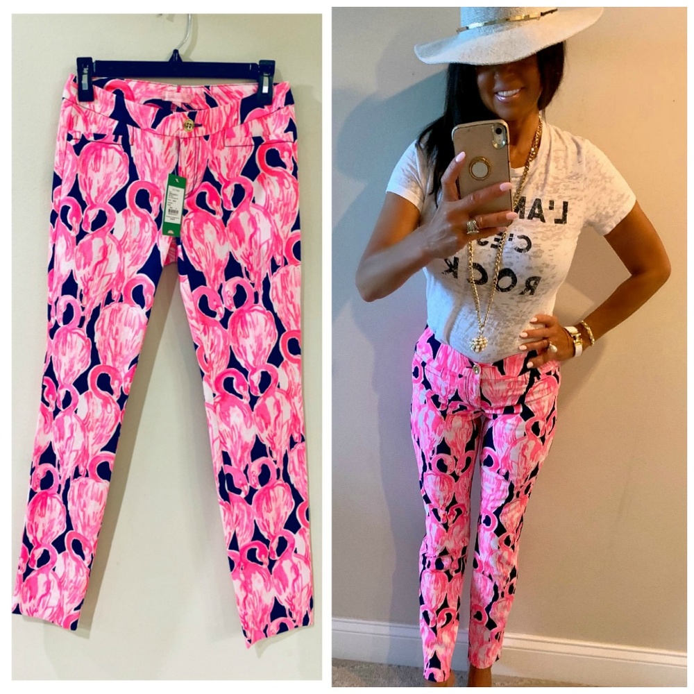 Lilly Pulitzer Pink & Navy Flamingo-Print Skinny Pants
